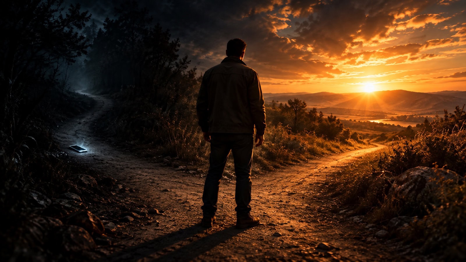 A man choosing between a dark path beside a glowing phone and a path leading toward sunrise.