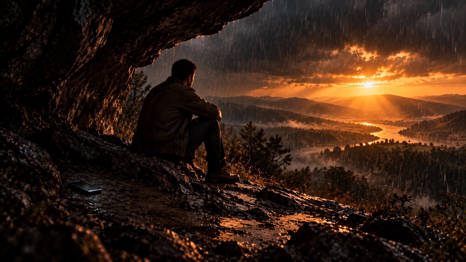 A man sheltered beneath rock during a storm as warm light breaks across the valley.