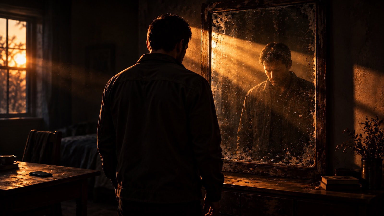 A man standing before a weathered mirror as a shaft of warm light reveals his reflection.