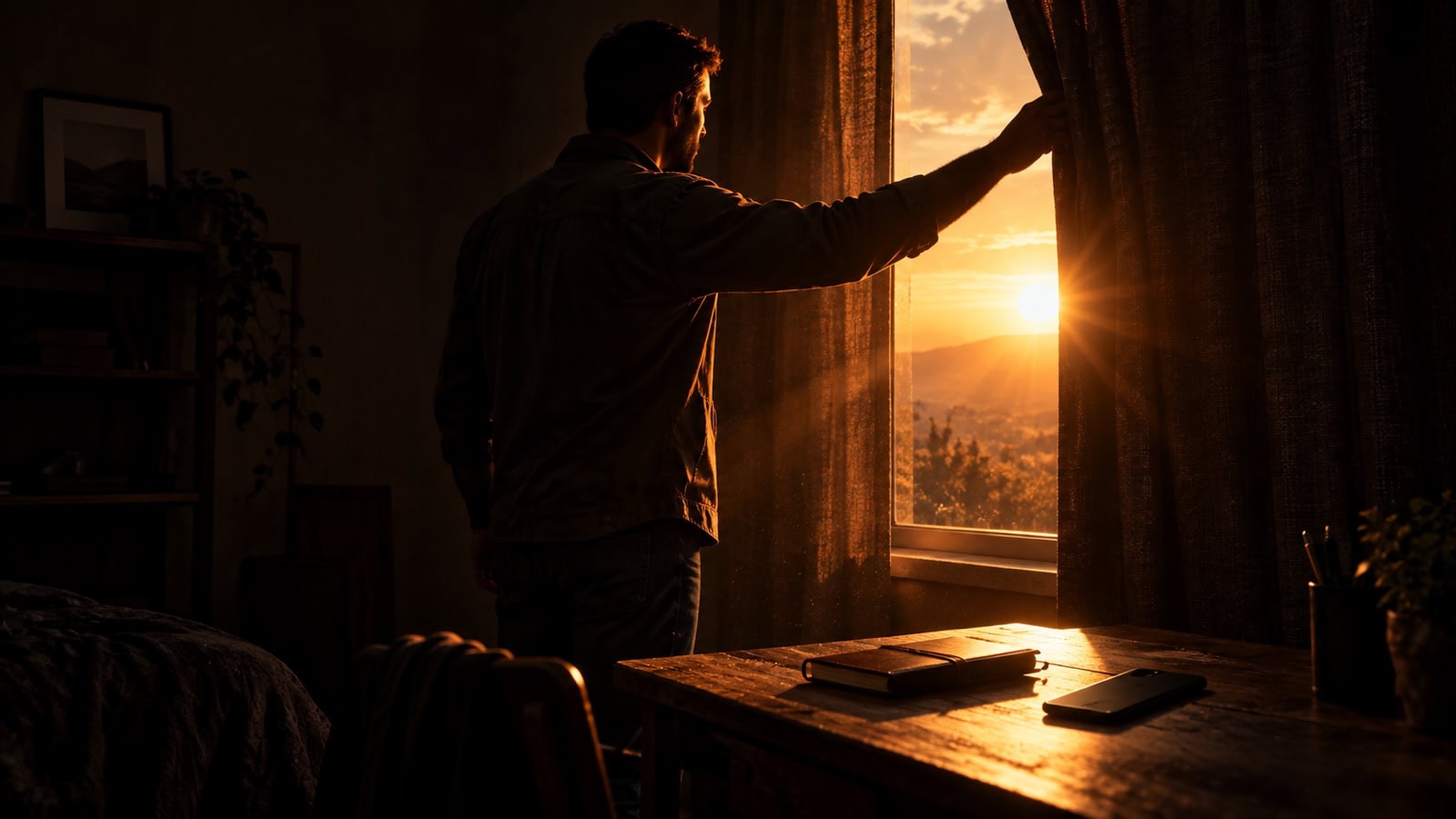 A man opening a heavy curtain and allowing morning light into a dark room.