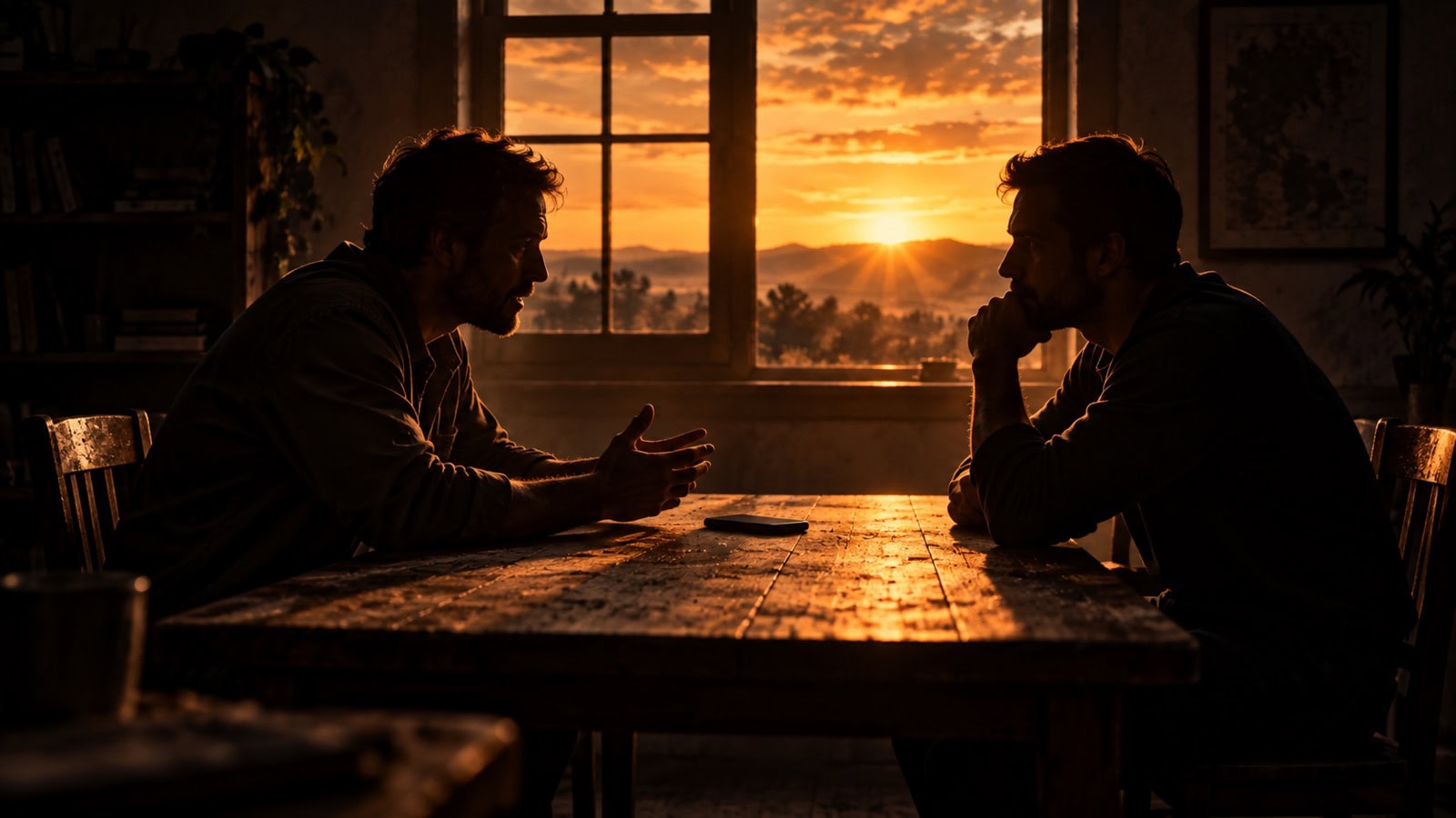 Two men having an honest conversation across a table in the light of sunrise.