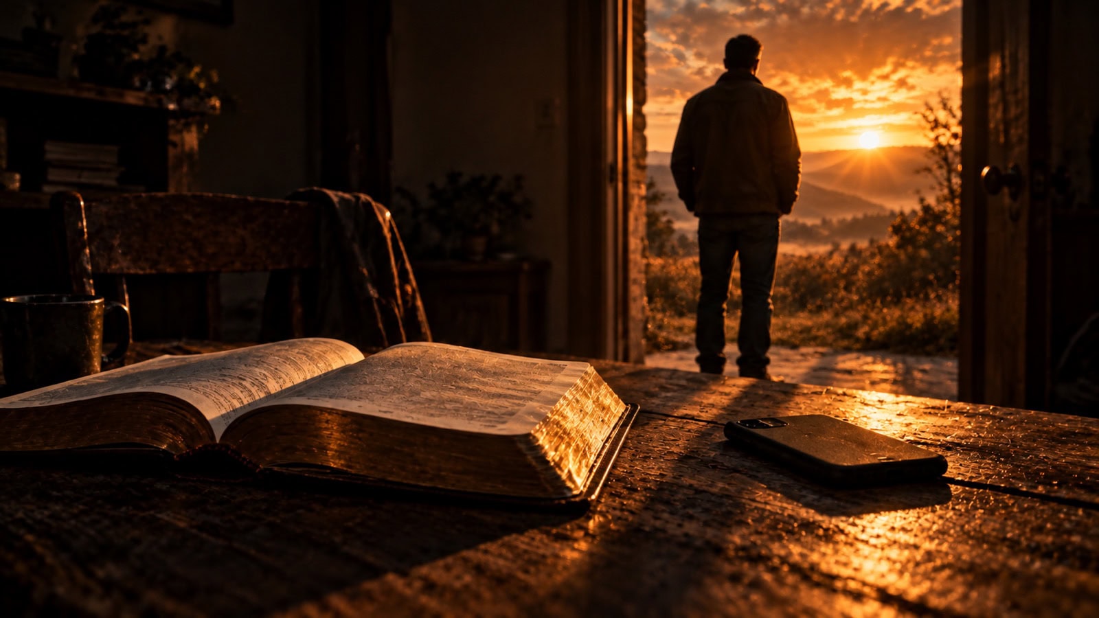 An open Bible beside a face-down phone as a man stands at a doorway facing sunrise.